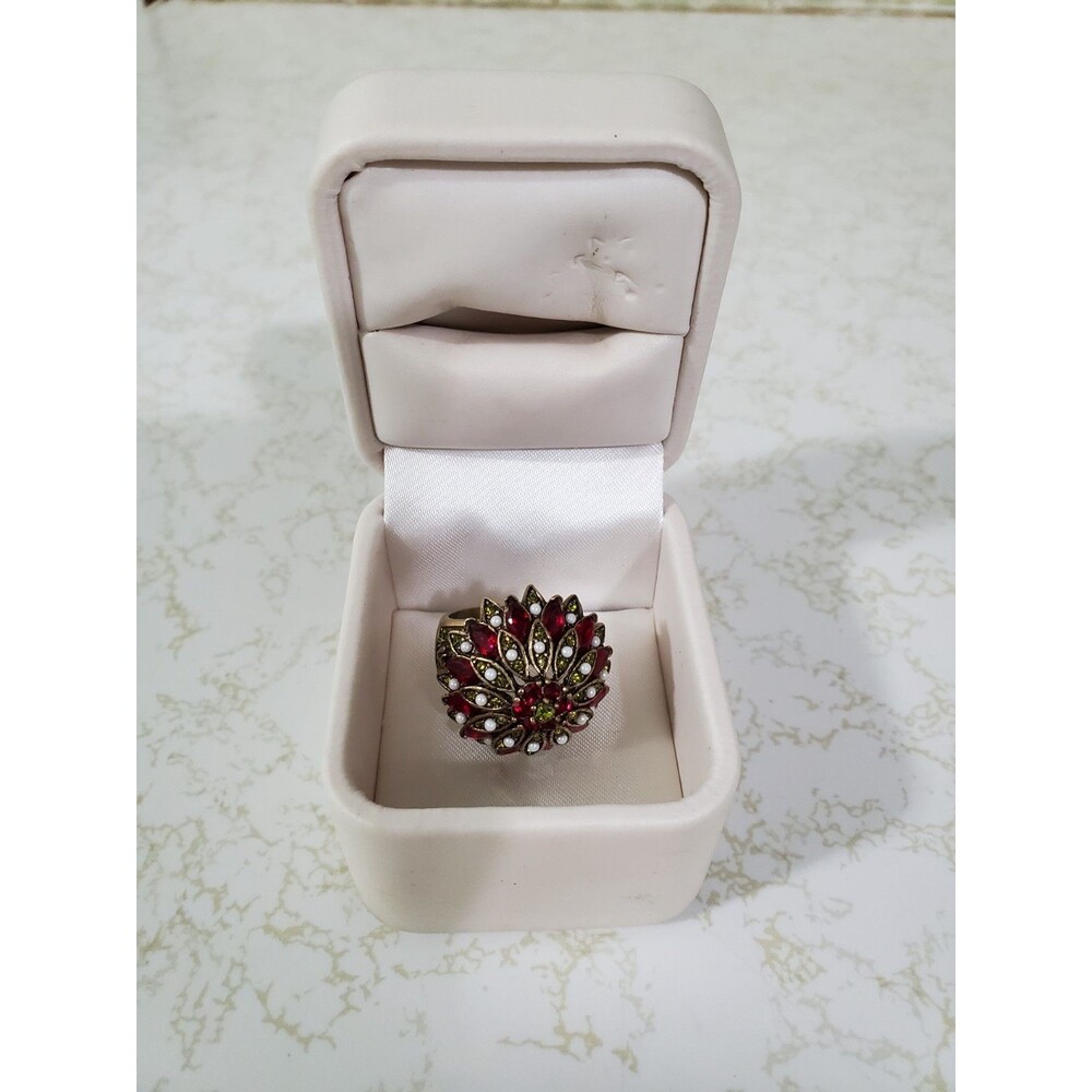 Heidi Daus Bronze Ring Red and Silver Stones Cocktail Size 8